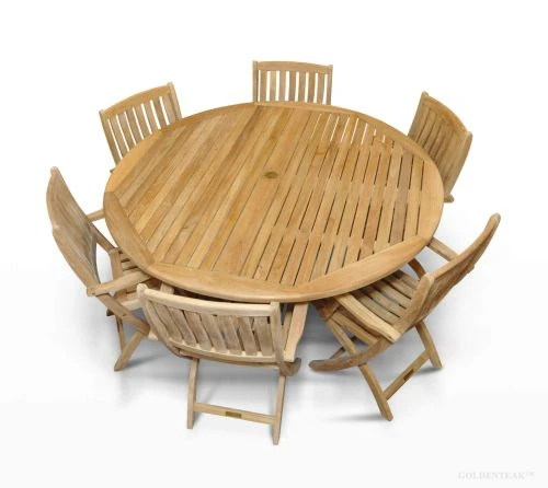 Teak Patio Dining Set for 6 - Round Table & 6 Teak Folding Chairs | Grade A Teak