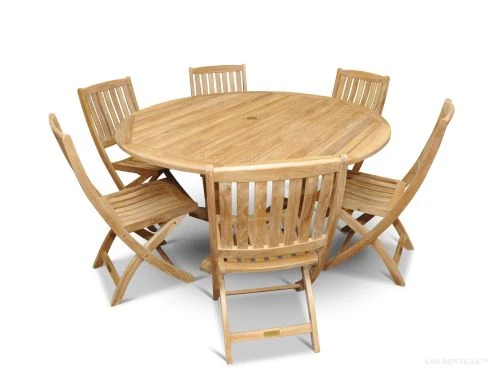 Teak Outdoor Dining Set for 6 - 8 Guests - Round Table (60in) and 6 Folding Teak Chairs | GOLDENTEAK