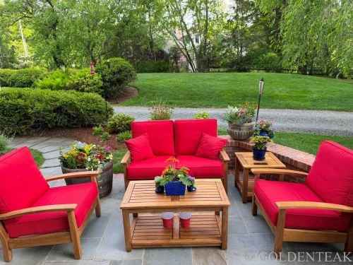 Deep Seating  Loveseat, Club Chairs Coffee Table Set in Teak - Goldenteak Customer Photo