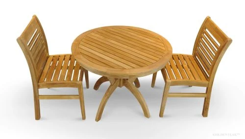 Teak Patio Set for 2, Round Pedestal Table, 2 Westerly Dining Side Chairs