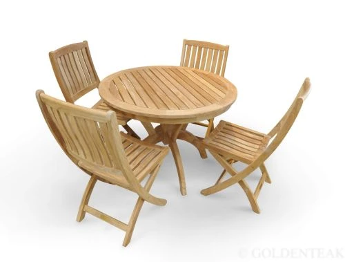 Teak Patio Set for 4 - Round Pedestal table, 4 Providence Folding Side Chairs