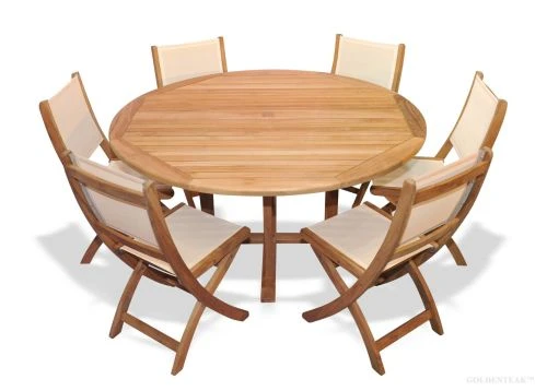 Teak Outdoor Dining Set 60in round table and 6 Sling  Side Chairs - Choose Color/Material