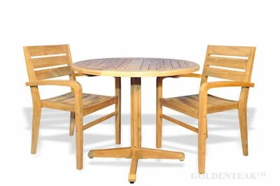 Teak Dining Set Small, Round Table and 2 stacking chairs